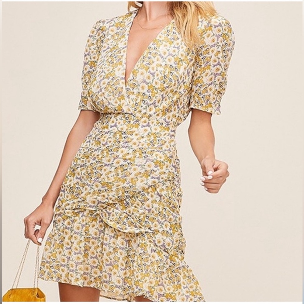 ASTR Mustard Blue Floral beautiful cocktail party mashed dress size S